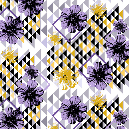 Modern Botanical Geometry: Purple Florals and Monochrome Triangles
