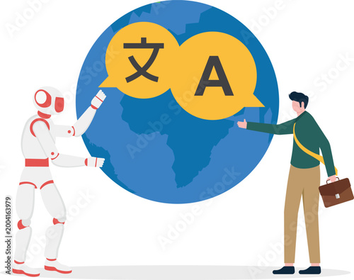 Robot and professional translating global languages on globe