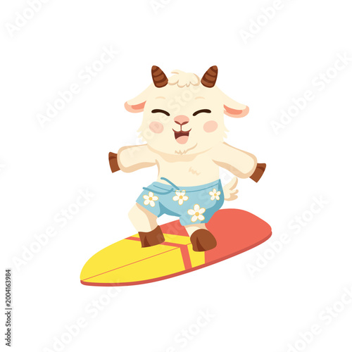 surfing goat cartoon cute animal character on surfboard summer beach illustration