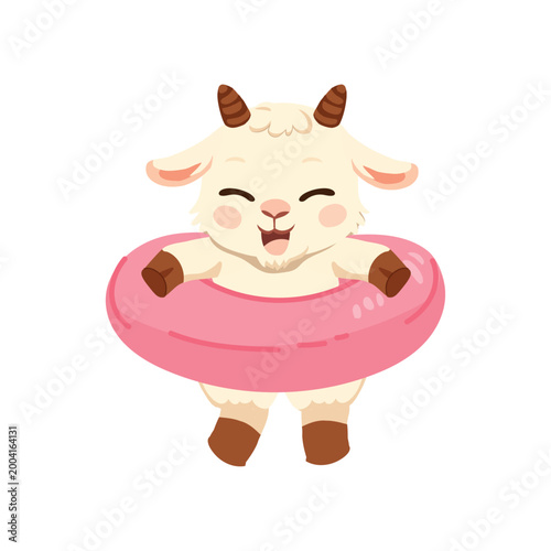 cute baby goat character smiling in a pink inflatable ring, floating in water during summer