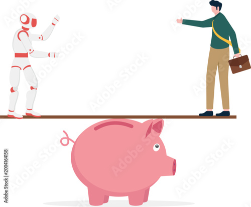 Human and robot balancing on financial piggy bank