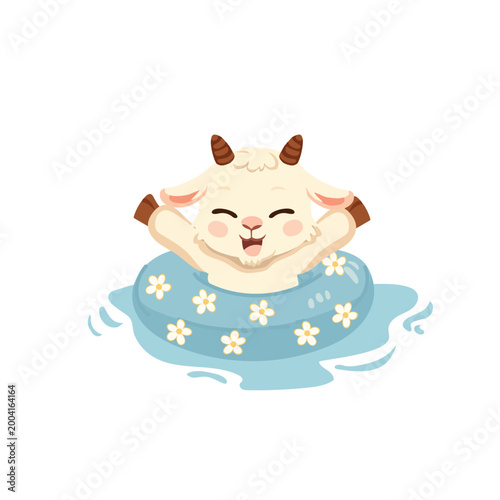 cute baby goat floating in water with blue floral float playful summer animal illustration kawaii cartoon