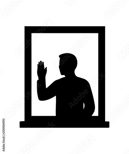 Silhouette of a man waving from a window, simple graphic design