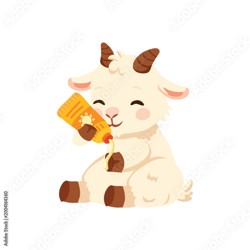 baby goat squeezing sunscreen from tube cute animal character summer skincare concept illustration