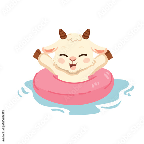 cute goat cartoon illustration floating in pool with pink float summer animal character