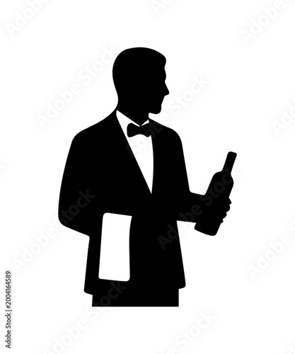 Waiter serving with bottle of wine silhouette