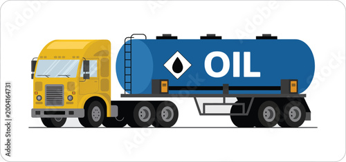 Oil tanker truck, illustration, yellow cab with blue storage tank in colorful vector style representing industrial transport fuel logistics and shipping industry.