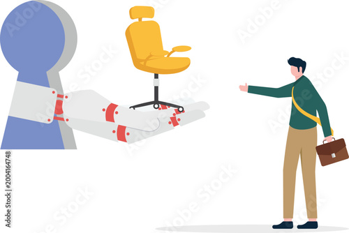 Robot assistant offering office chair to professional man