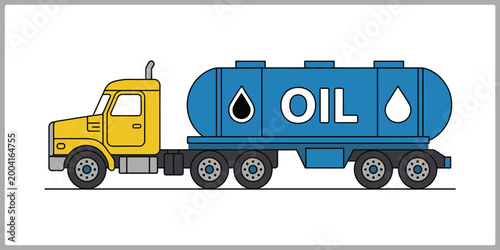 Oil tanker truck, illustration, vibrant vector artwork of fuel transport vehicle with yellow cab and blue tank for logistics industry and commercial shipping design.