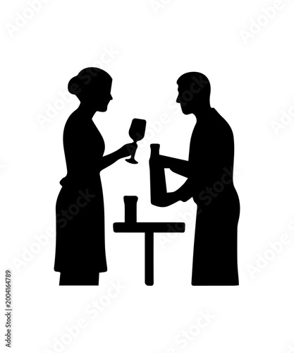 Waiter serving woman with bottle of wine silhouette