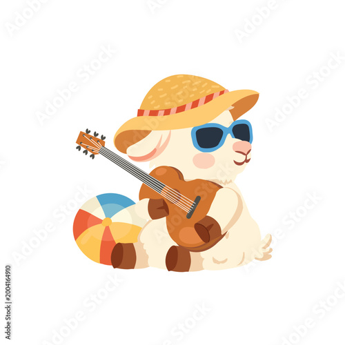 cartoon goat with guitar relaxing on beach summer animal character