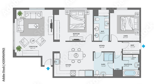 A detailed floor plan of a modern apartment with labeled rooms and furniture, Generative AI.