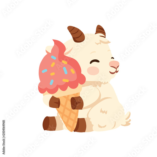 cute goat cartoon holding ice cream kawaii animal illustration for kids design nursery art and playful character