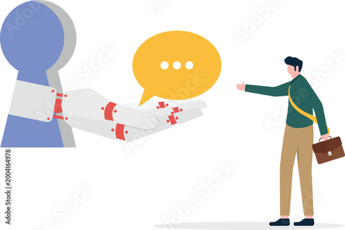 Robot assistant offering chat message to professional man