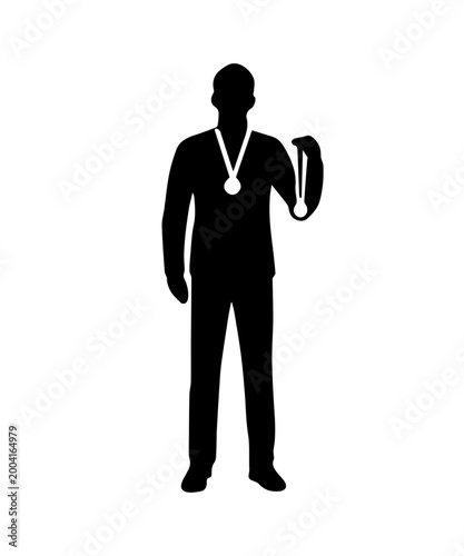 Man silhouette holding and wearing winner medals