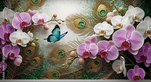 Vibrant floral wallpaper with peacock feathers and butterfly