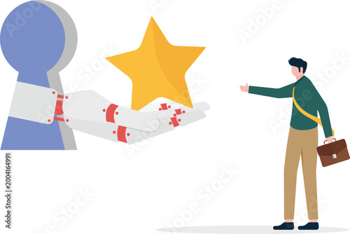 Robot assistant offering gold star to professional man