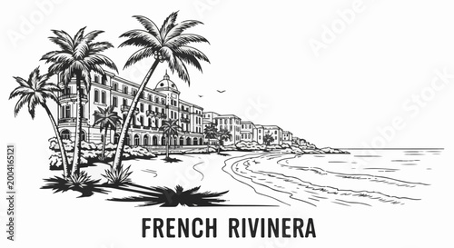 Vintage line art of a coastal town with palm trees and ocean