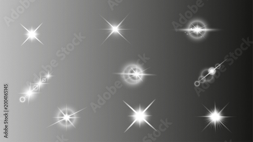 
Set of Nine Glowing Light Effects with Four-Pointed and Multi-Ray Stars, Luminous Orb with Ring, Comet Trail and Sparkling Flares on Dark Transparent Background. Vector Design Elements.