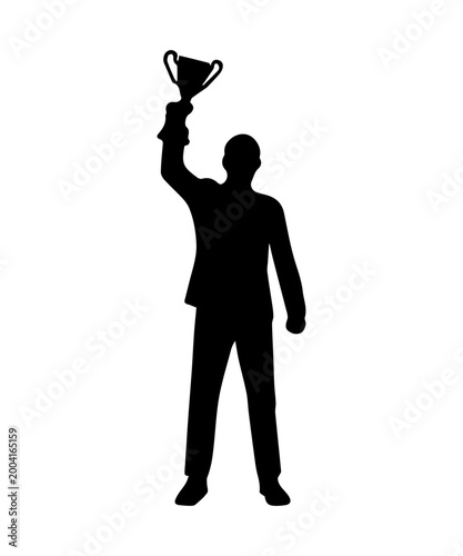 Man silhouette holding trophy celebrating victory success