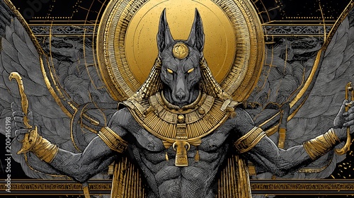Golden Anubis: Egyptian God of Afterlife with Scepter and Wings Art