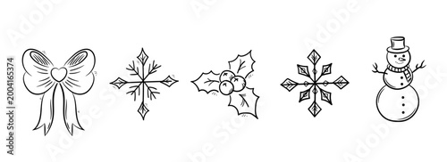 Christmas Hand Drawn Icons Set – Bows, Snowflakes, Holly, Snowman Black Outline Winter Collection