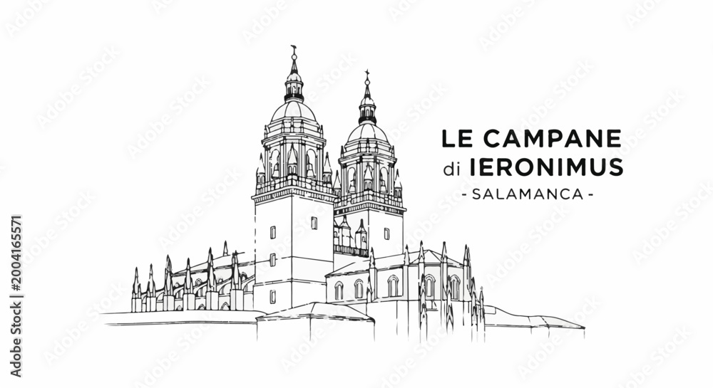 Fototapeta premium Sketch of grand twin-towered cathedral with gothic architectural details