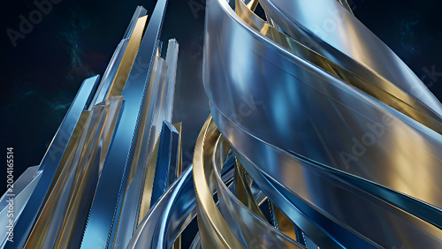 Abstract composition with geometric shapes and light effects, architectural structures and volumetric figures, sense of motion and depth, blue and white cold technological look.