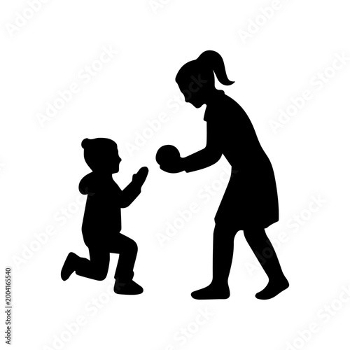 Mother and son playing winter games with snowball silhouette