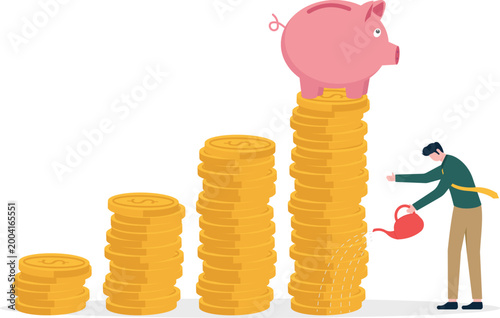 Professional man watering gold coin stack with piggy bank