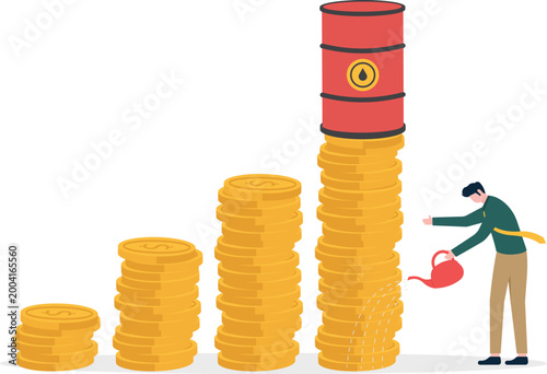 Professional man watering gold coin stack with oil barrel