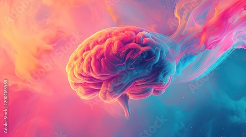 Flowing ink forms surreal shapes that blend the human brain with tree branches, abstract digital painting, bright pink, blue and orange gradients, smooth curves and soft halos.