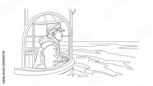 Line art illustration of a ship captain standing in a navigation bridge.