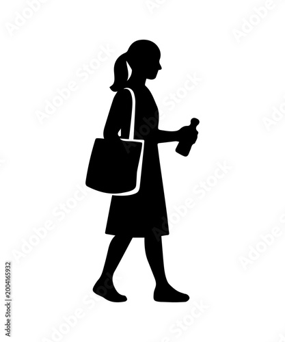 Woman silhouette walking carrying bag and bottle