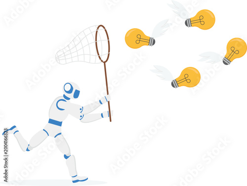 Robot with net catching flying idea lightbulb icons