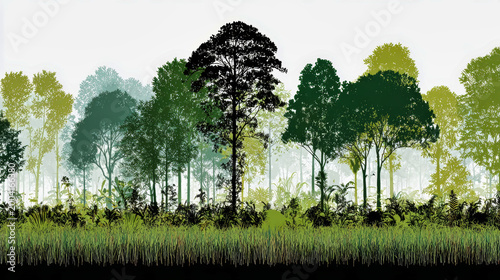 Tall trees stand in various shades of green as sunlight filters through the leaves. A thick grass line showcases nature's presence in the quiet woods