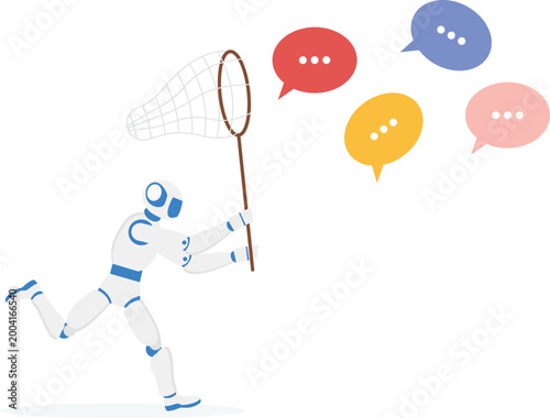 Robot with net catching flying chat bubbles