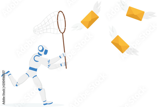 Robot with net catching flying email envelopes