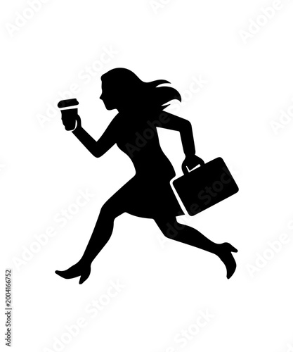 Businesswoman silhouette running with coffee cup in competition career race