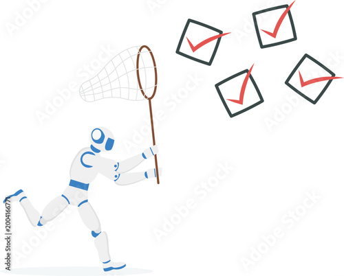 Robot with net catching flying check marks