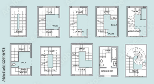 Various architectural floor plans with different door and stair types on light blue background, Generative AI.
