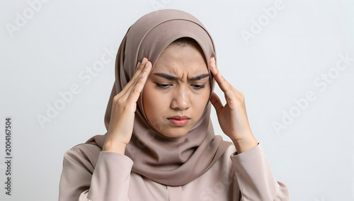 Headache Agony: A young woman wearing a hijab clutches her temples, her face contorted in a clear expression of intense head pain and distress.