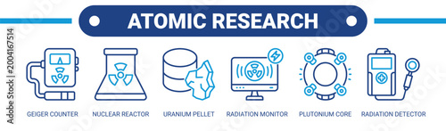 Atomic Research web banner icon vector illustration concept with icons of geiger counter, nuclear reactor, uranium pellet, radiation monitor, plutonium core, and radiation detector. 