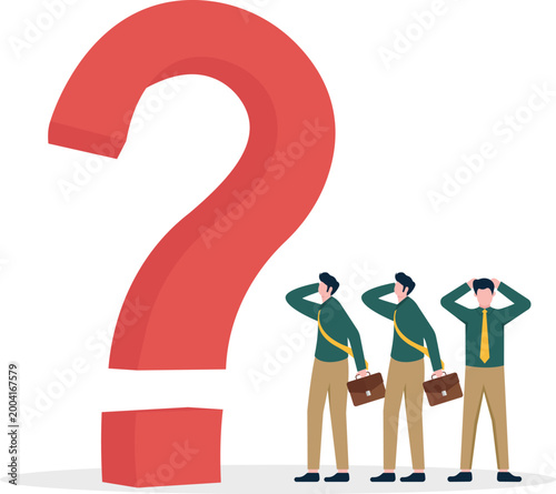 Group of stressed professionals near giant question mark