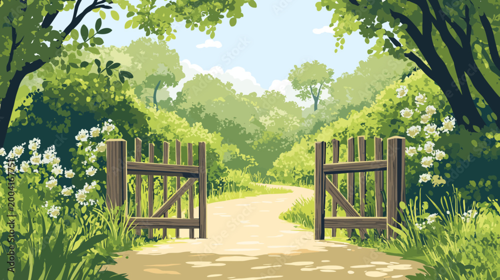 Fototapeta premium A peaceful illustration of a path winding through a green landscape, opening with a gate