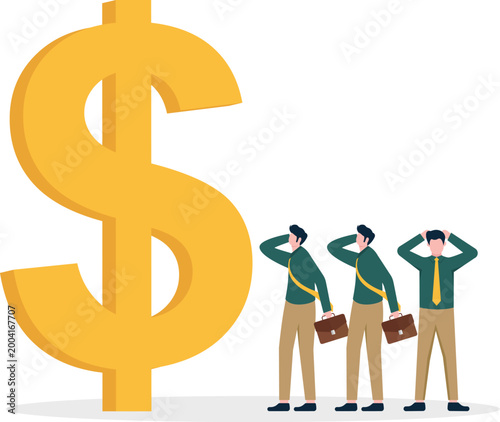 Group of stressed professionals near giant dollar sign