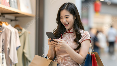 Joyful Shopping Experience: A young Asian woman, dressed in traditional attire and adorned with shopping bags, is captivated by her smartphone with a beaming smile.
