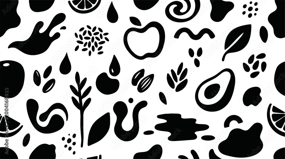 Fototapeta premium Black and White Seamless Pattern with Organic Food, Fruits, and Healthy Lifestyle Vector Illustration 