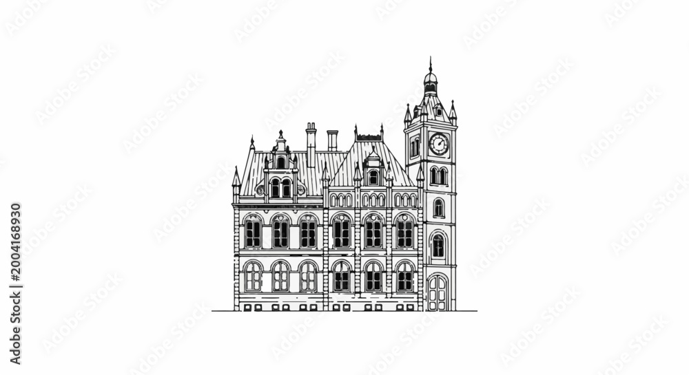 Obraz premium Ornate historic building with a prominent clock tower and intricate roofline