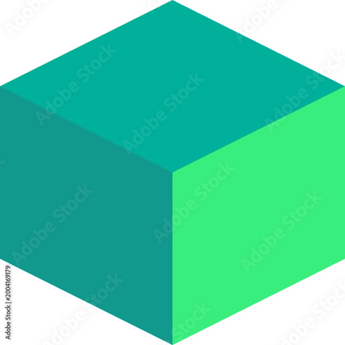 Single isometric three dimensional cube with teal and bright green faces isolated on white illustration